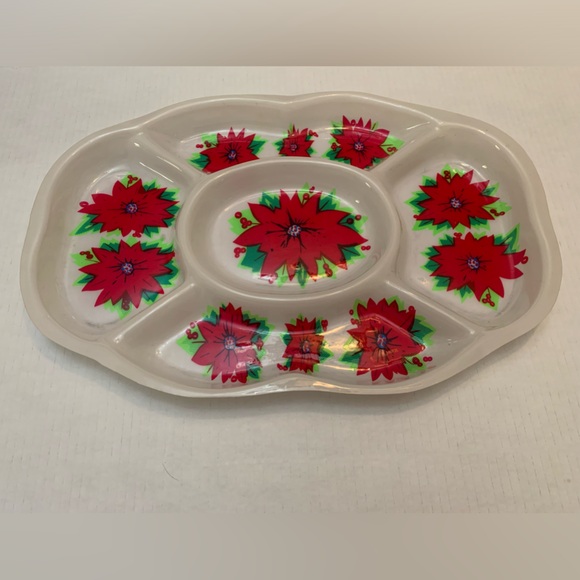 Vintage Plastic Christmas Snack Serving Tray Poinsettia Flowers - Picture 1 of 9